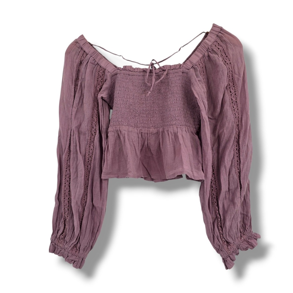American Eagle Mauve Smocked Peplum Top Crochet‎ Lace Balloon Sleeve Small